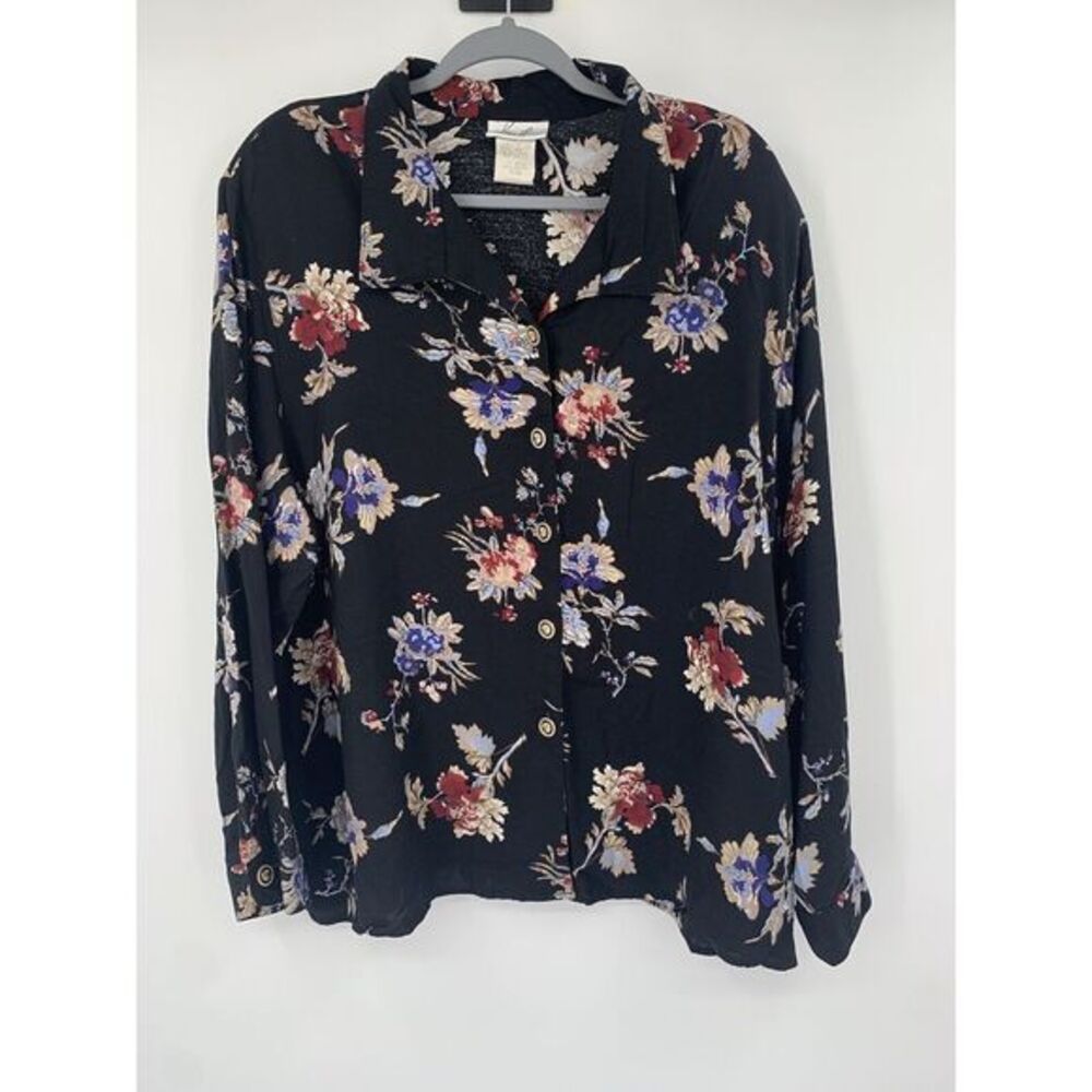 Kathie Lee Vintage 80's Black Floral Long Sleeve Button Up Womens Shirt Size 26W